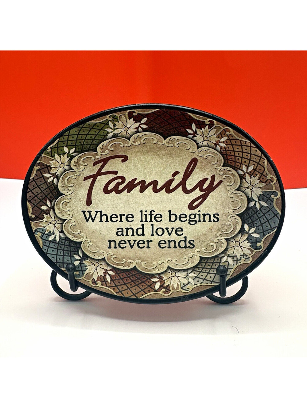 Metal Oval Plaque Floral Multicolor Freestanding Tabletop Family Quote Sign